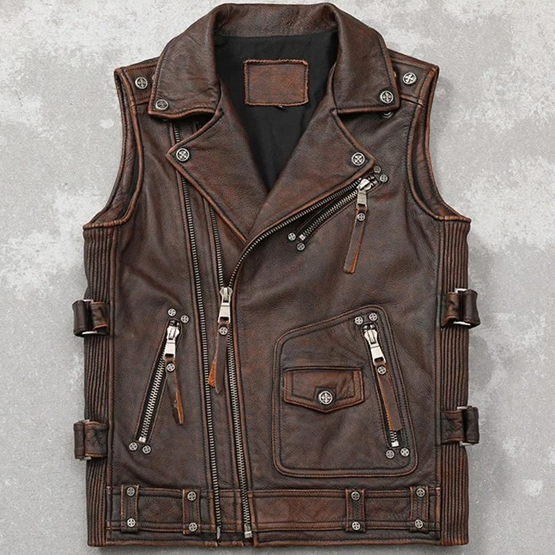 Mens Vintage Motorcycle Moto Biker Genuine Leather Vest
